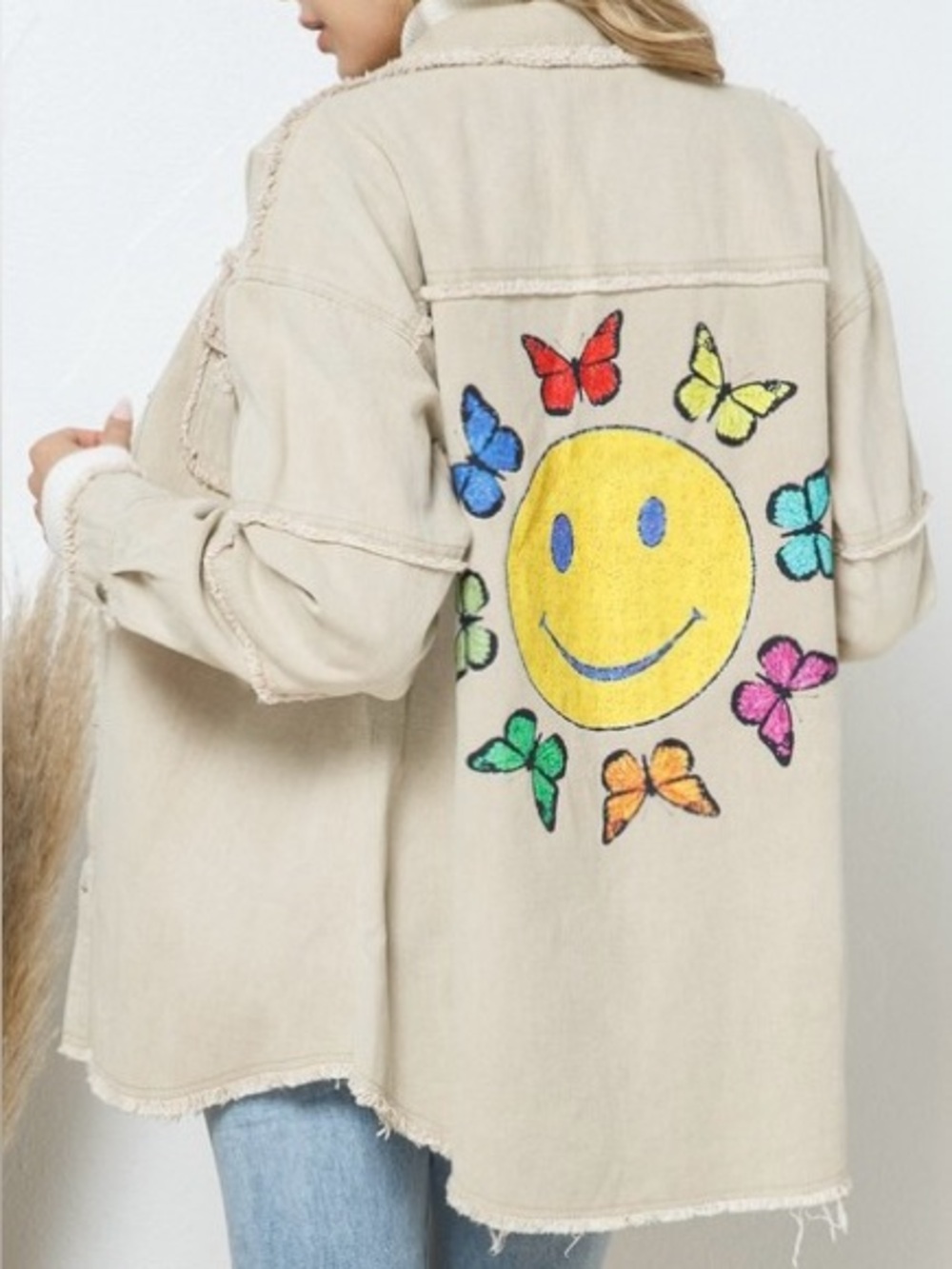 Blue B Smiley Face Distressed Jacket Size L